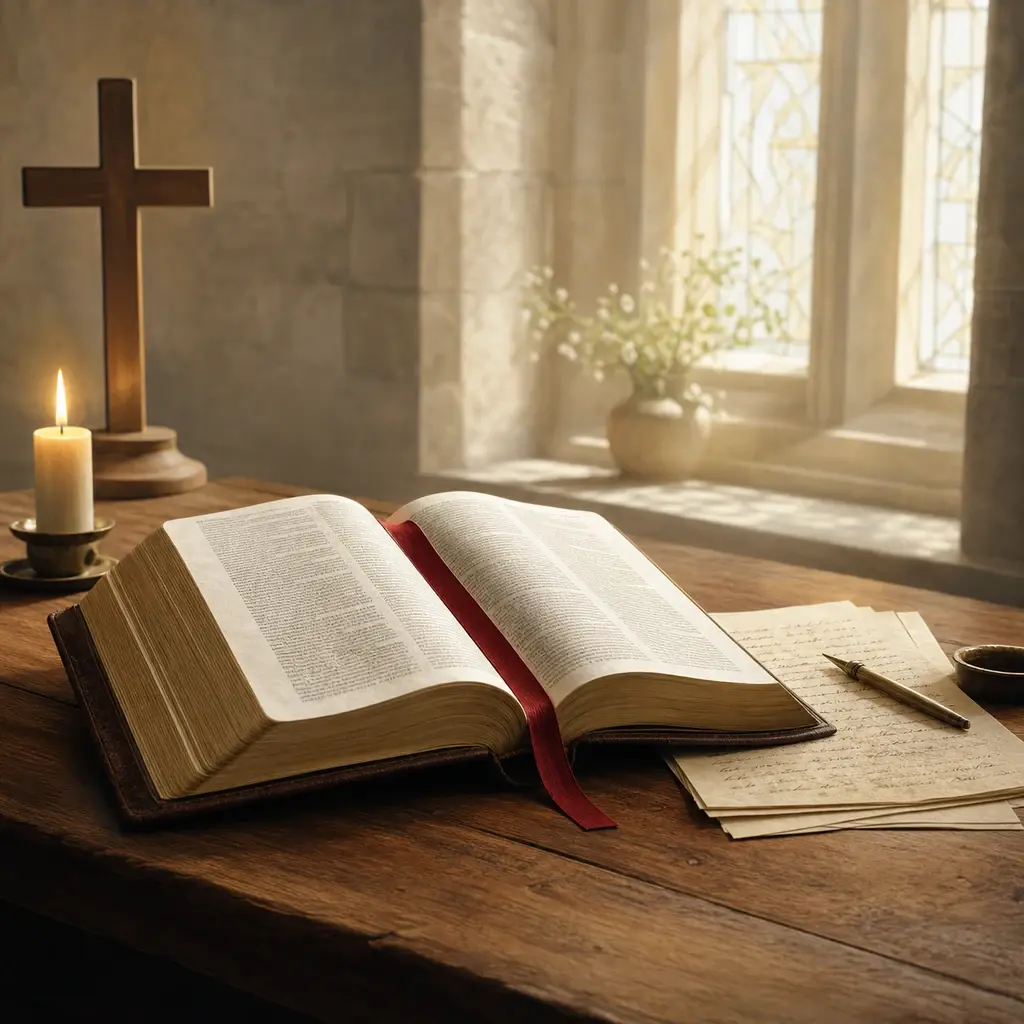 Bible ouverte sur une table de bois avec plume, bougie et fenêtre claire