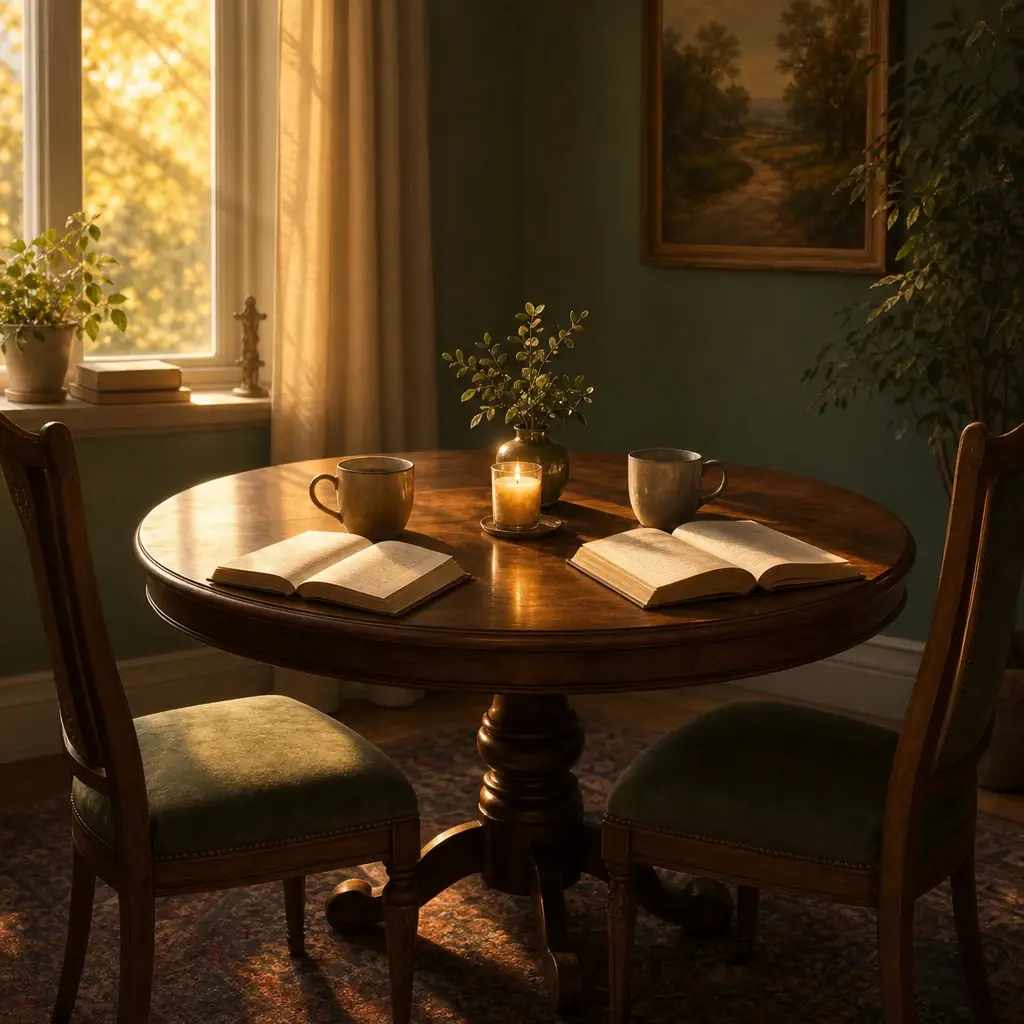 Table ronde avec deux tasses, livres ouverts et lumière chaude de fin de jour
