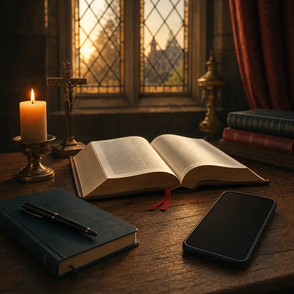 Téléphone pose près d'une Bible ouverte et d'un carnet dans une lumière douce