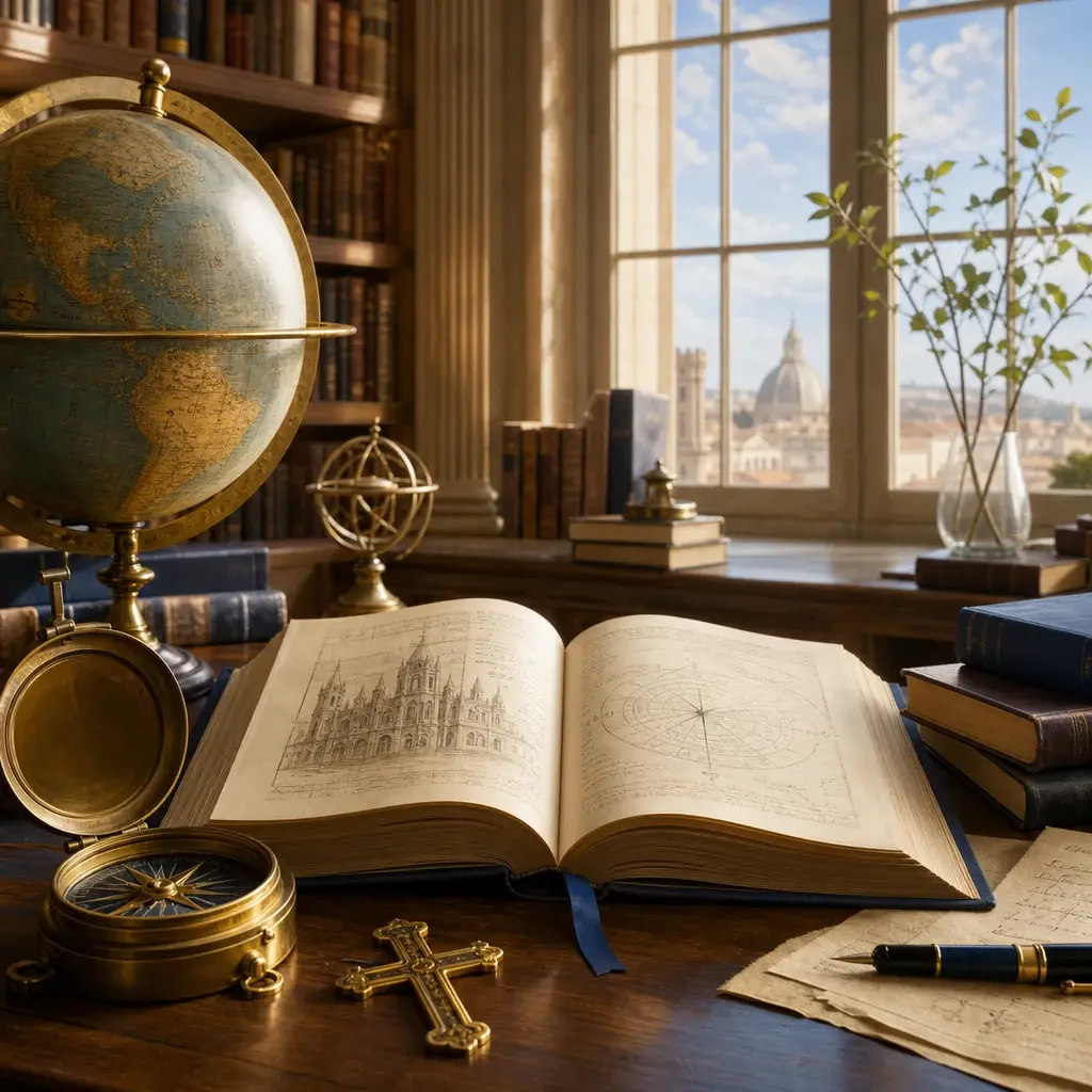 Bibliothèque ancienne avec globe, livres ouverts et lumière du matin