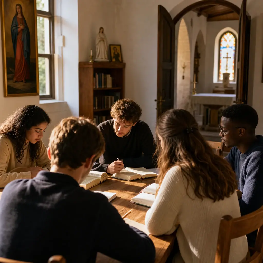Groupe de jeunes adultes autour d'une table avec livres, carnets et lumière de chapelle
