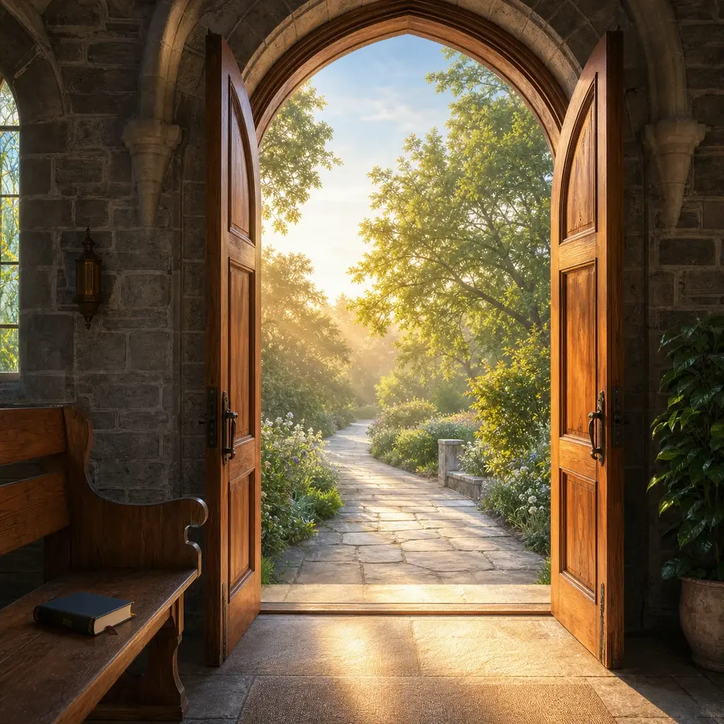 Porte de chapelle ouverte sur un jardin paisible baigné de lumière