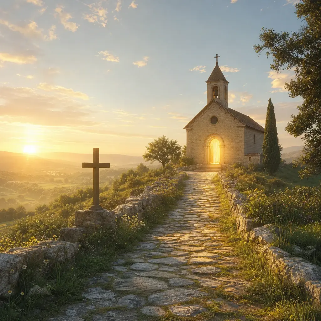 Chemin de pierre vers une eglise lumineuse au lever du soleil