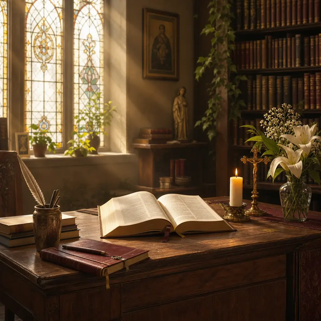 Salle d'étude lumineuse avec Bible ouverte, carnet et lumière douce de vitrail