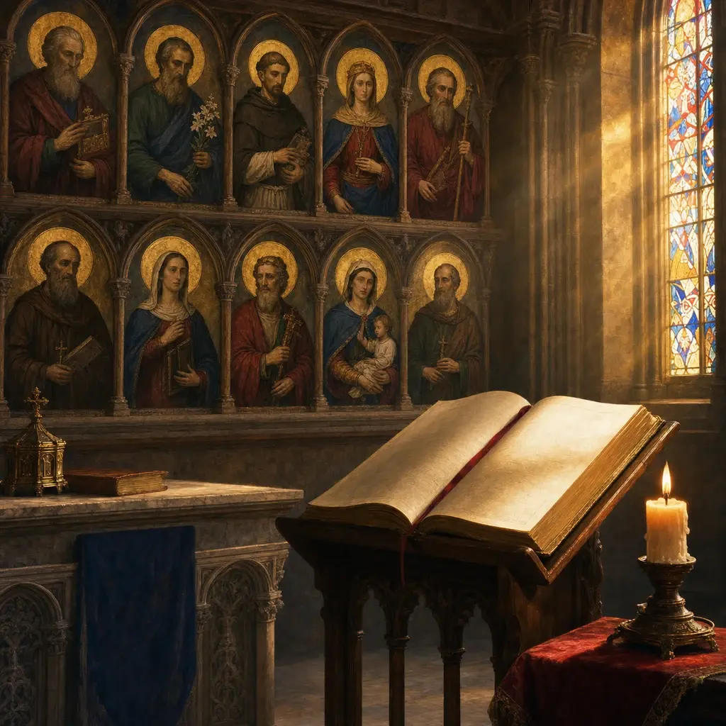 Galerie de portraits de saints dans une lumière de cathédrale avec livres ouverts