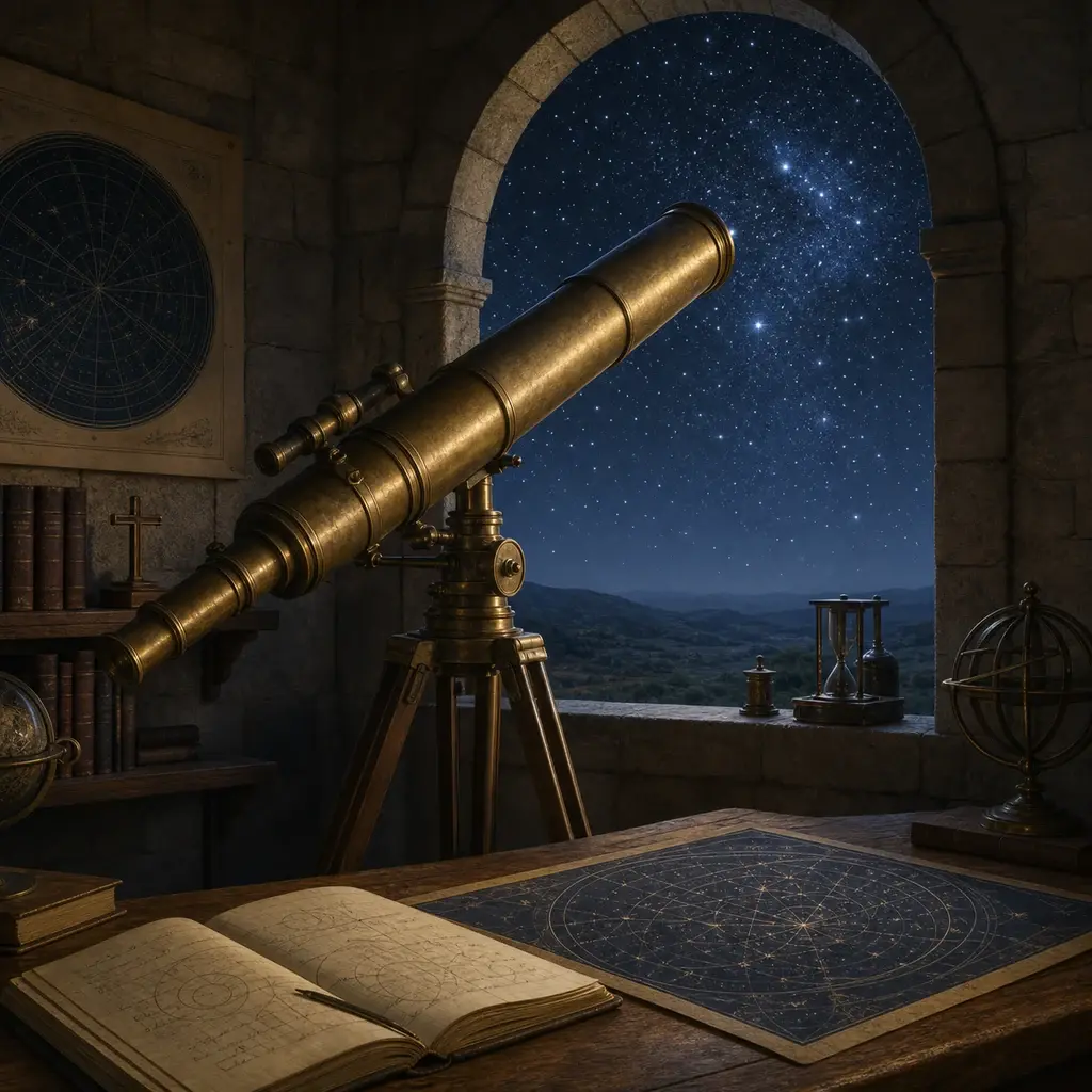 Télescope ancien près d'une fenêtre ouverte sur un ciel étoile
