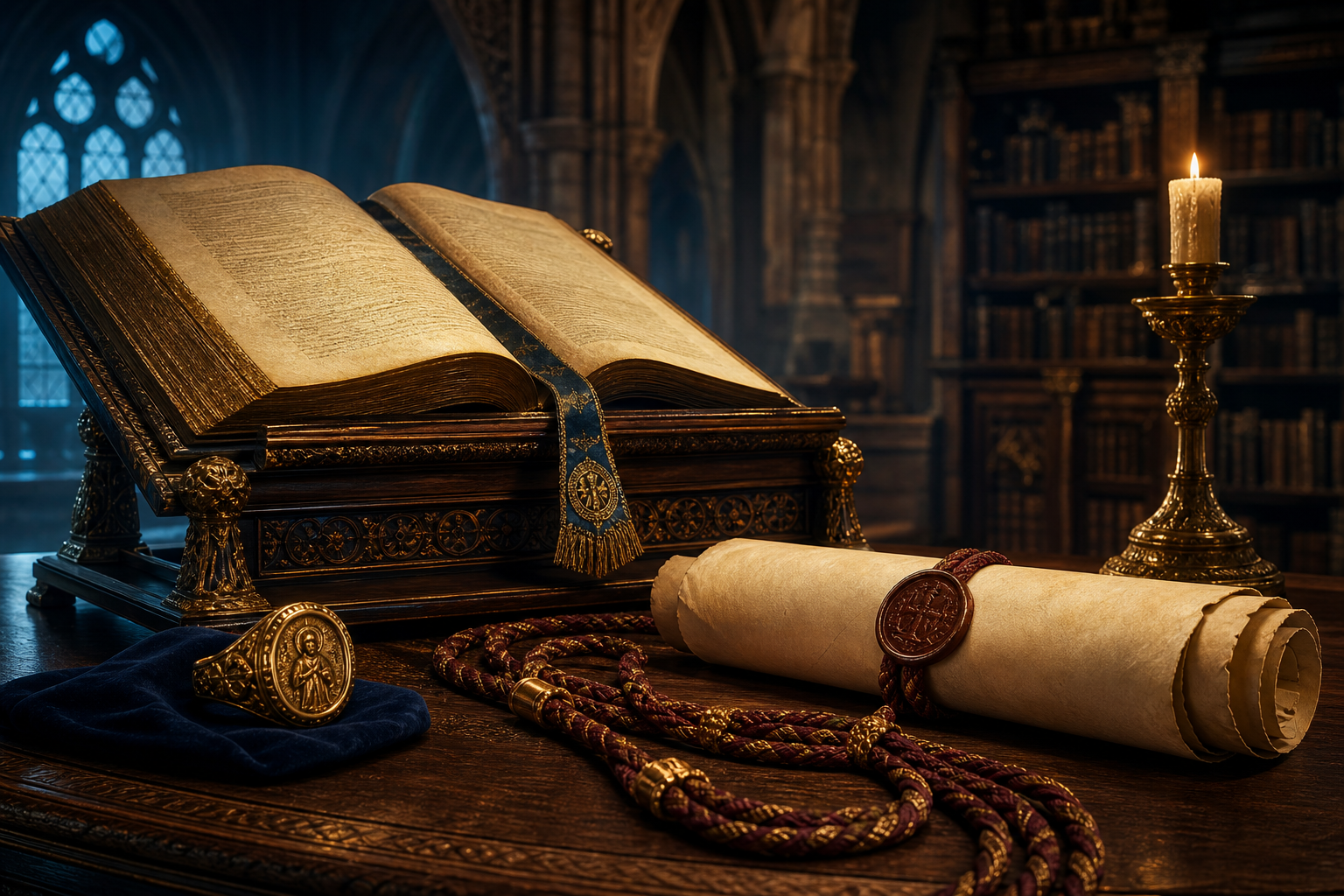 Bible ancienne, parchemin scelle et cordon tresse dans une chapelle bibliotheque